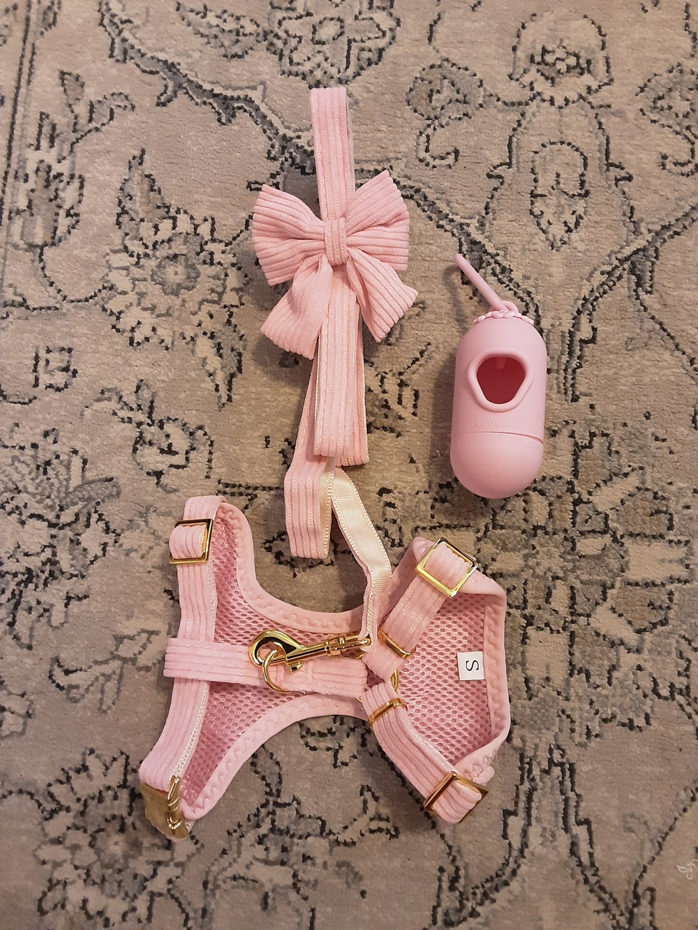 Pink Dog Harness & Leash Set with Bow and Waste Bag Holder